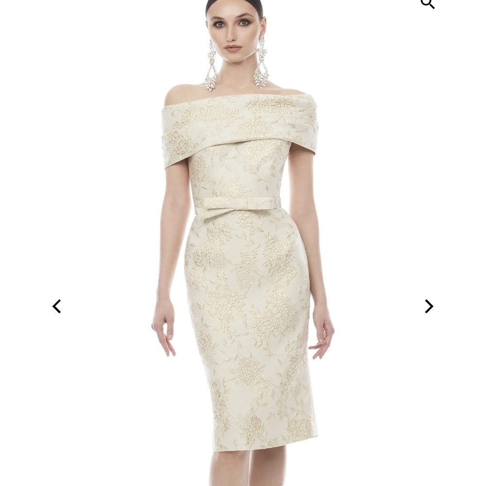 Off-Shoulder Ivory Floral Jacquard Sheath Dress